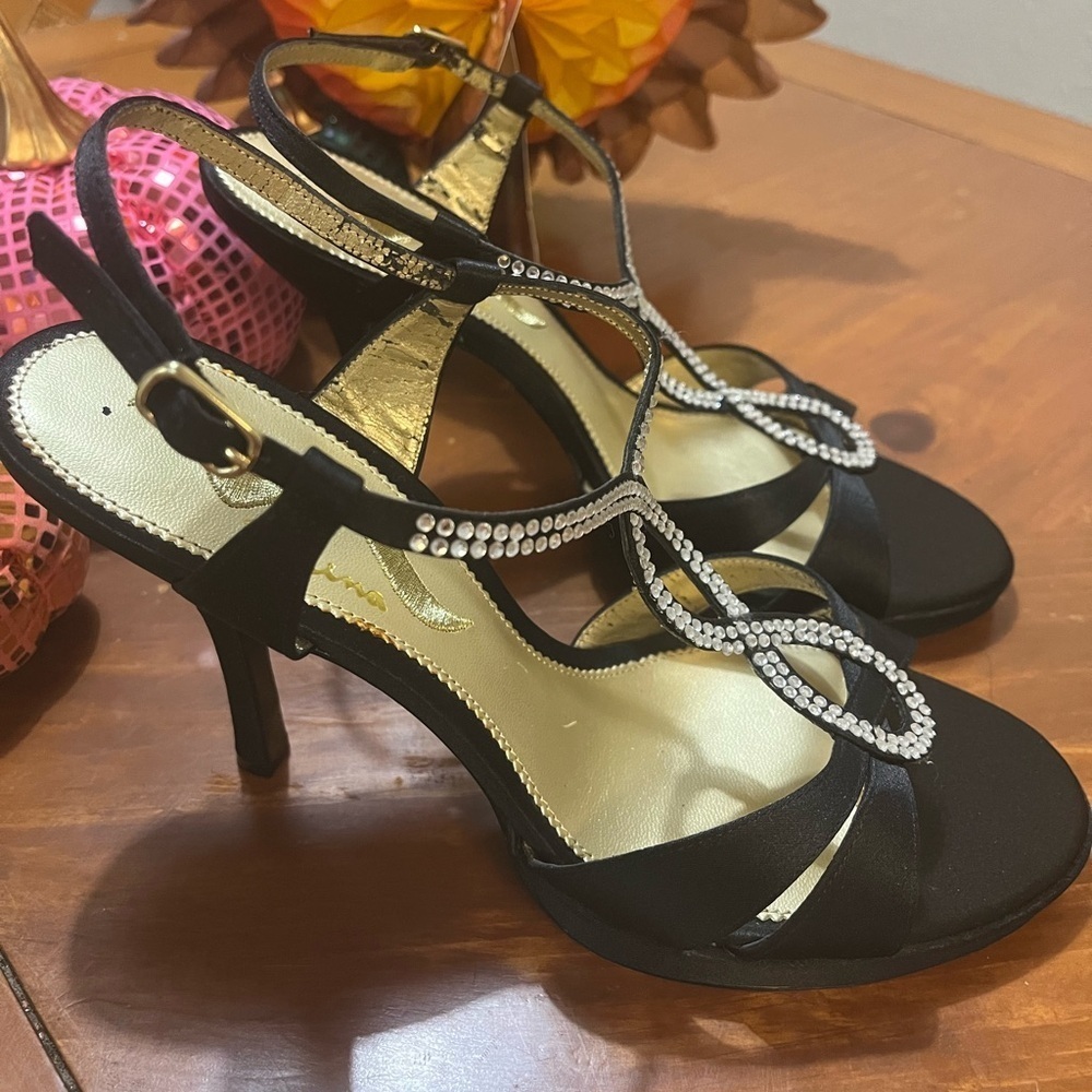 Nina Ricci Vierra Strappy Rhinestone Satin Heels, Black, Size 9M